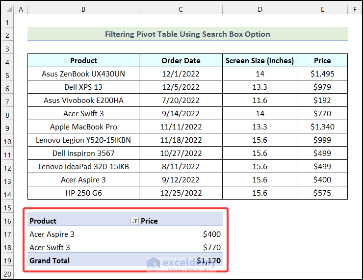 Final output obtained after filtering Pivot Table by using Search Box in Excel