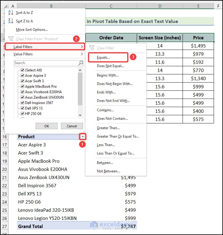 Using Label Filters option to filter Pivot Table based on cell value as a text in Excel