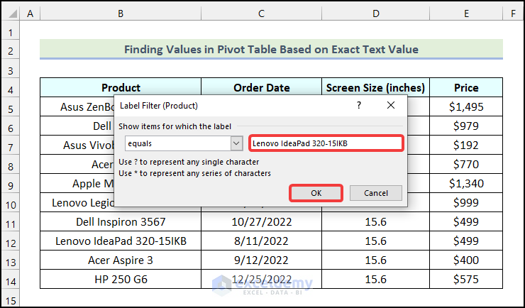 Inserting filtering criteria in Label Filter (Product) dialogue box