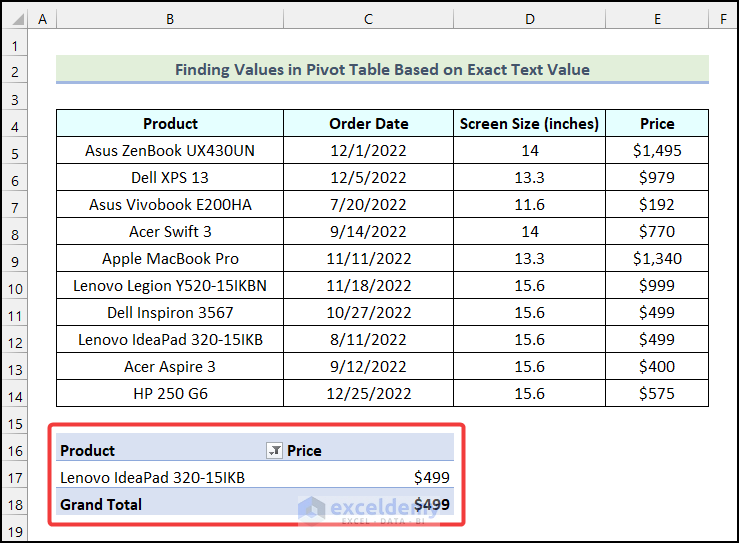 Output obtained after filtering Pivot Table based on exact text value in Excel