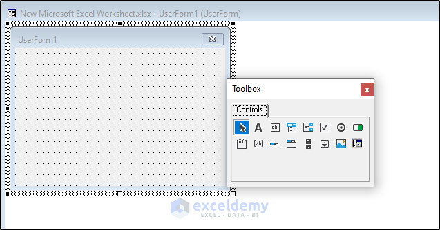 Showing initial UserForm with Toolbox.