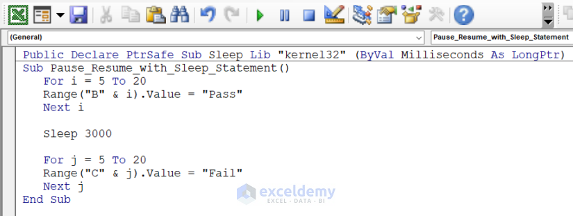 VBA Code to pause and resume macro with Sleep statement in Excel