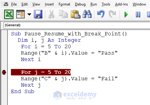 VBA Code to pause and resume macro with Break Point Feature in Excel