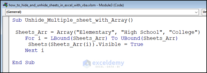 VBA Code to Unhide multiple sheets with Array.