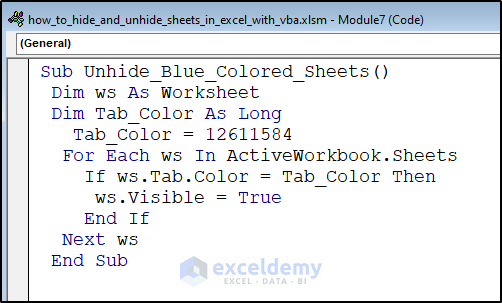 VBA Code to unhide colored tabs.