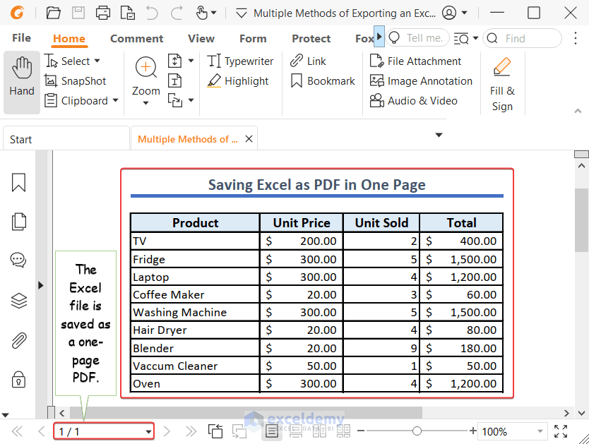 img15- The Excel file is saved as a one-page PDF
