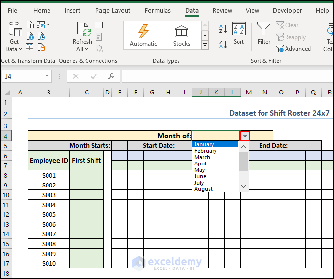 showing dropdown box for month