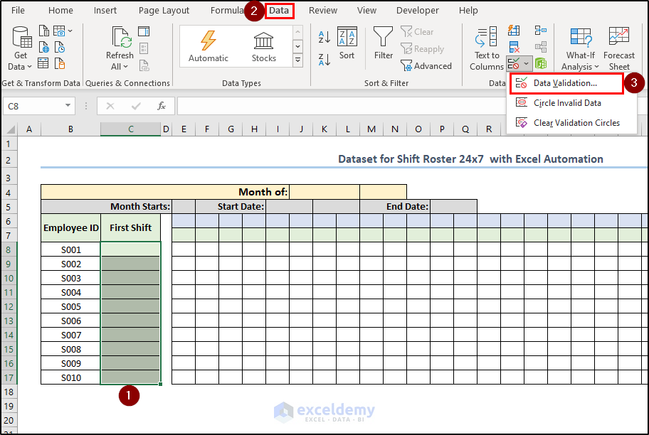 steps for inserting dropdown boxes in each cell of the First Shift column
