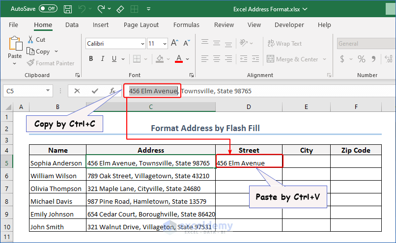 Copy Address to Apply Flash Fill