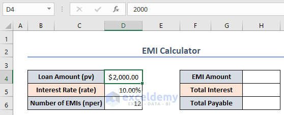 Data for EMI calculation
