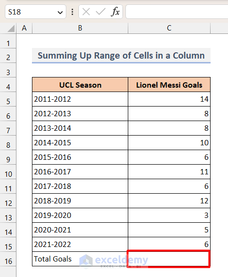 Dataset for summing range of cells in a column