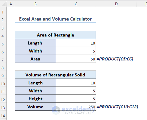 Overview image of Excel Area and Volume Calculator