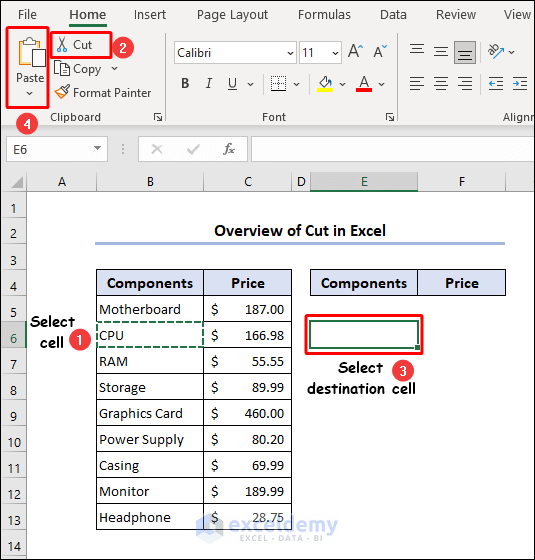Overview image of cut in Excel