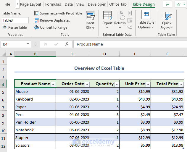 Overview of Excel table