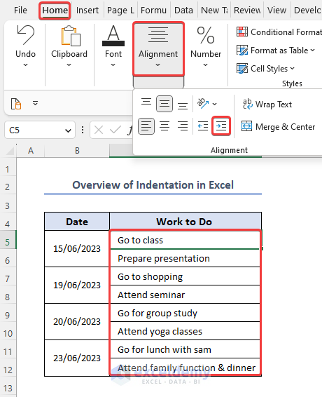 Overview of indentation in Excel