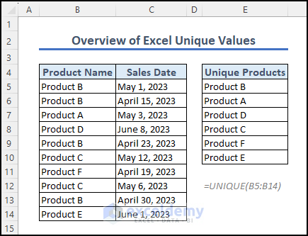 overview image of Excel unique values