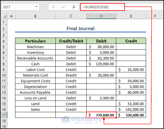 1- overview image of journal entries in Excel