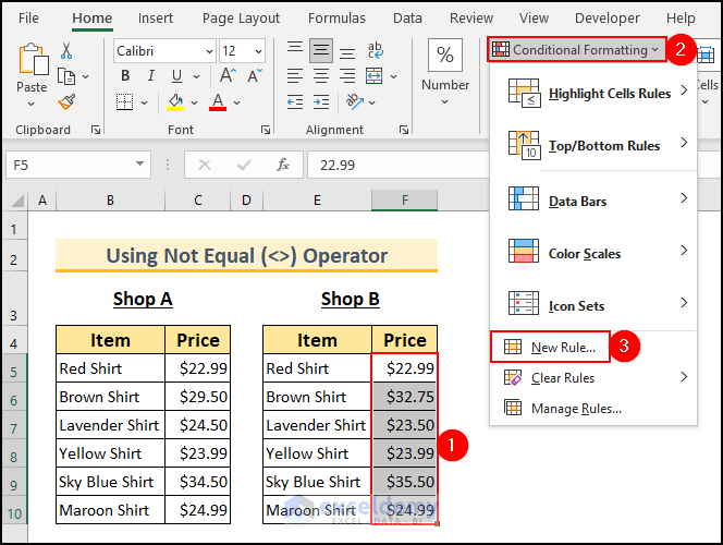 1- selecting a new rule to use the not equal operator in Excel to compare two tables