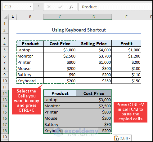 Copy and Paste Using Keyboard Shortcut in Excel