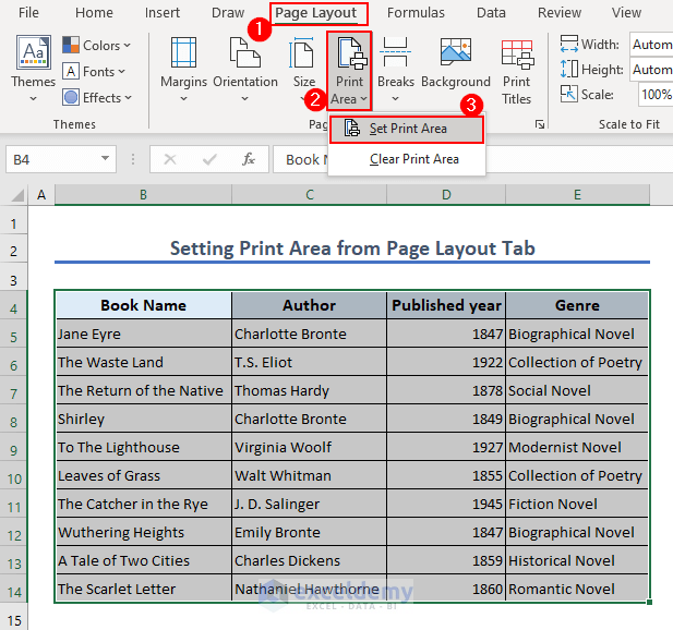 Setting print area from page layout tab