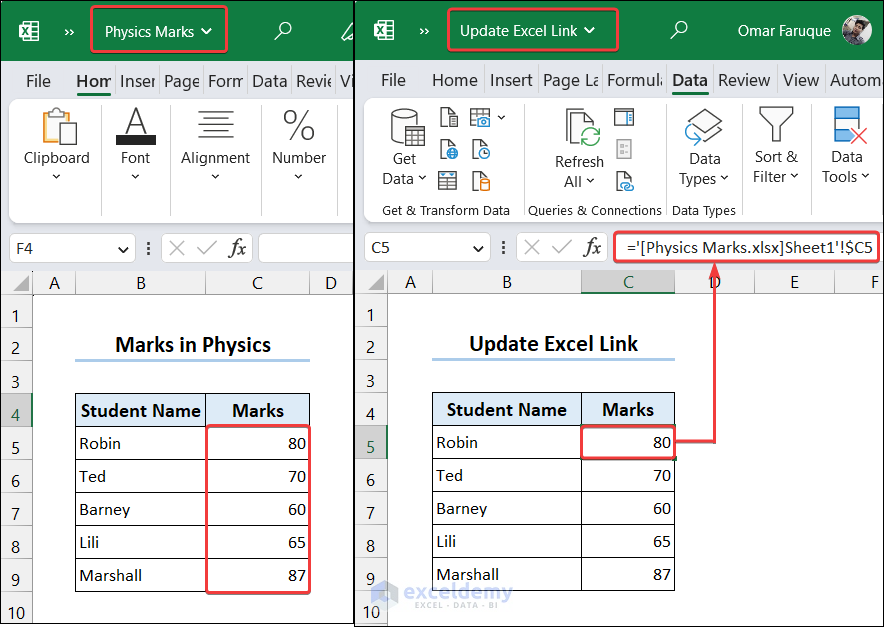 Linked Physics Marks workbook with Updated Excel Link Workbook