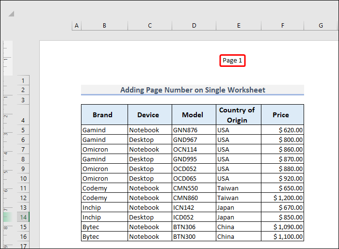  Adding Page Number on Single Worksheet