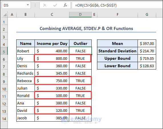 Combine AVERAGE, STDEV.P Functions to get Outliers in Excel
