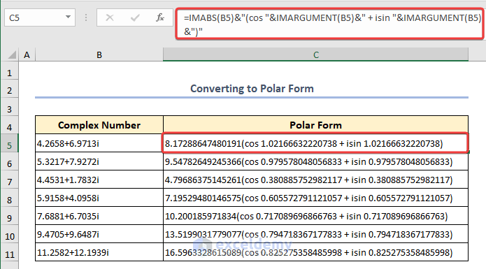 Combining the IMABS and IMARGUMENT function convert complex numbers to polar form