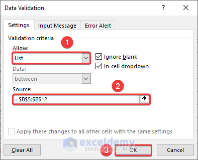 Selecting list criteria and data source from data validation window