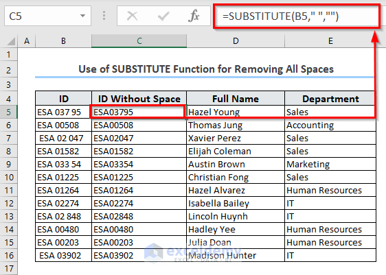 Use of SUBSTITUTE Function for Removing All Spaces
