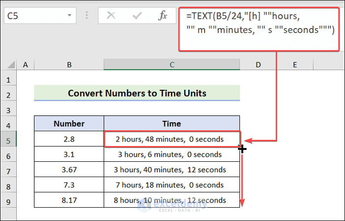 Using TEXT Function to convert number to time units