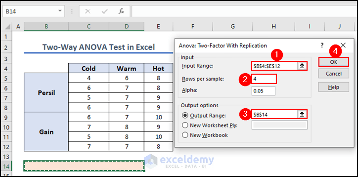 10- editing anova two factor with replication dialogue box to perform two-way anova test in Excel