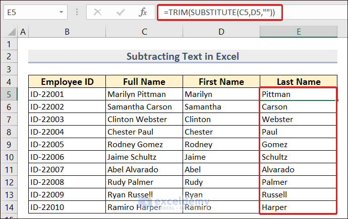 Subtracting Text in Excel