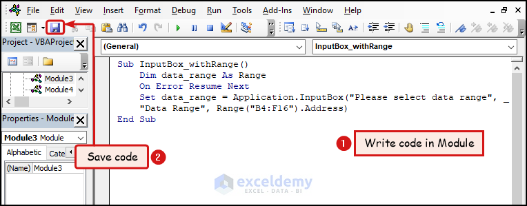 Writing and Saving VBA code to create InputBox with Default range or cell location in Excel