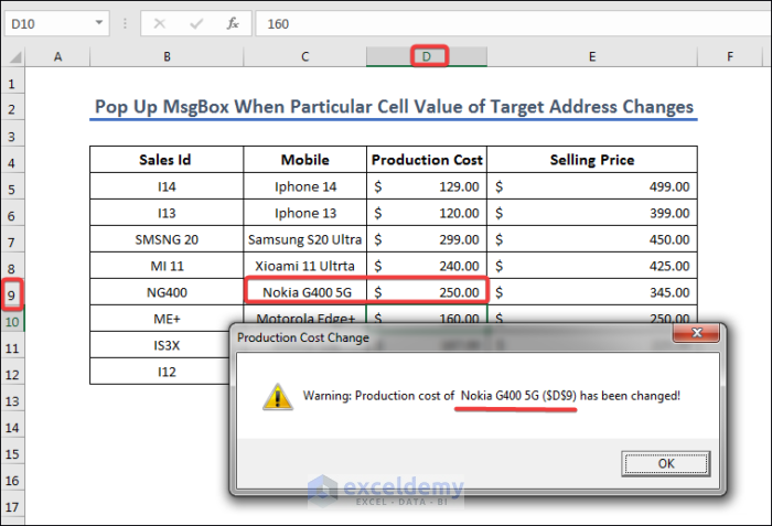 Pop up MsgBox when cell value changes in Target cell in Excel