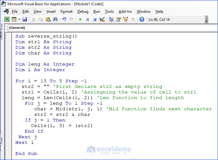 Code to Reverse a String Using Excel VBA For Loop