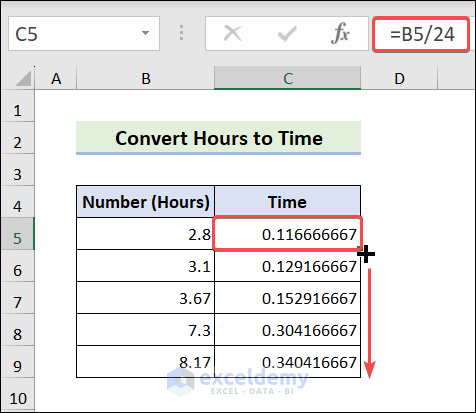 Insert formula to convert hours to time