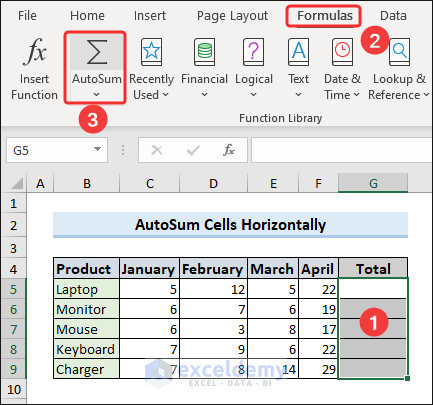 Select cells to apply autosum horizontally