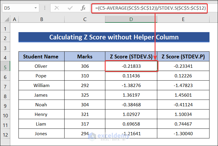 Insert Formula to Calculate Z Score without Helper Column