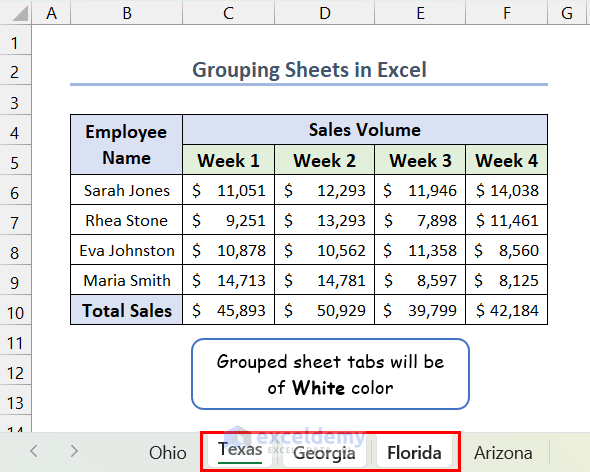 Checking grouped sheets using sheet tab color