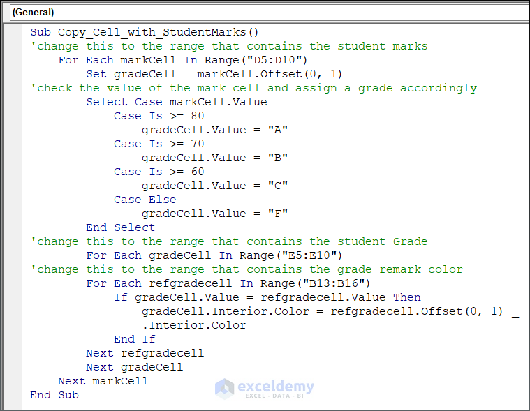 Code image of Copying Cell Background Color for Marking Student Result