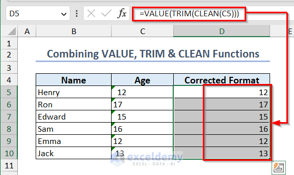 Combine VALUE, TRIM & CLEAN Functions Convert Text to Number