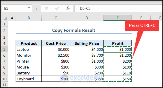 Copy Formula Result to paste them in Excel
