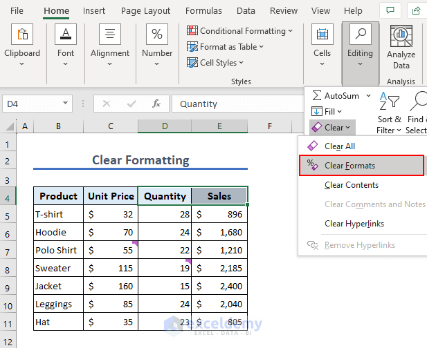 Select Clear Formats to clear formatting