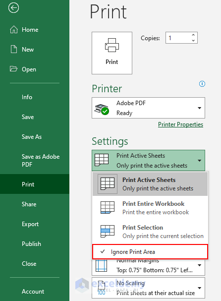 Select Ignore Print Area from print menu