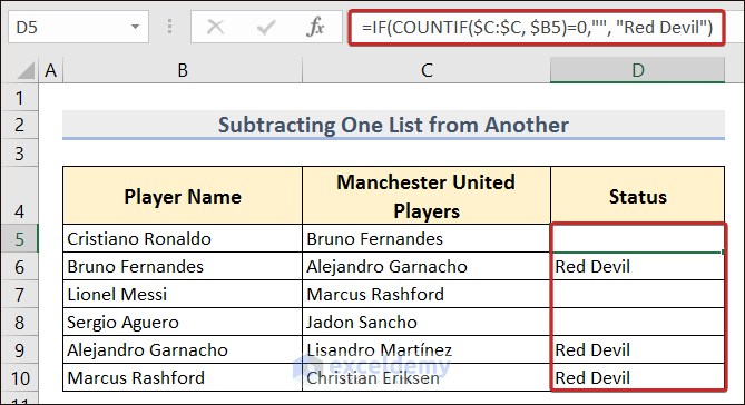 Subtracting List in Excel