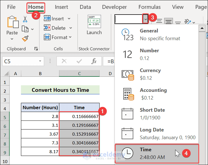 Convert hours to time from the Number group in the Home tab