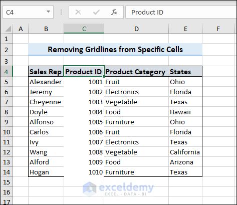 Gridlines removed from specific cells