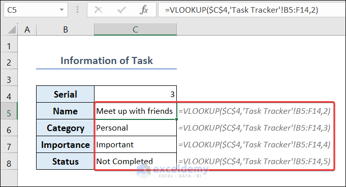 Insert Formulas to Get the Information of a Task