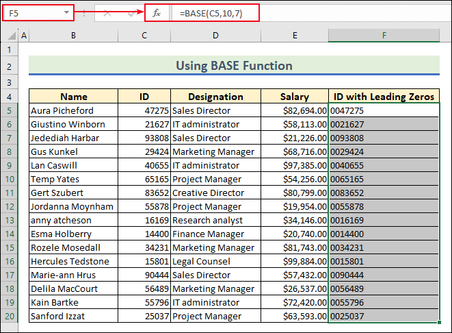 Using BASE function to insert leading zeros